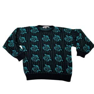 Vtg Black Teal Dark Floral Pullover Sweater Wmns M Whimsigoth Romantic Grunge